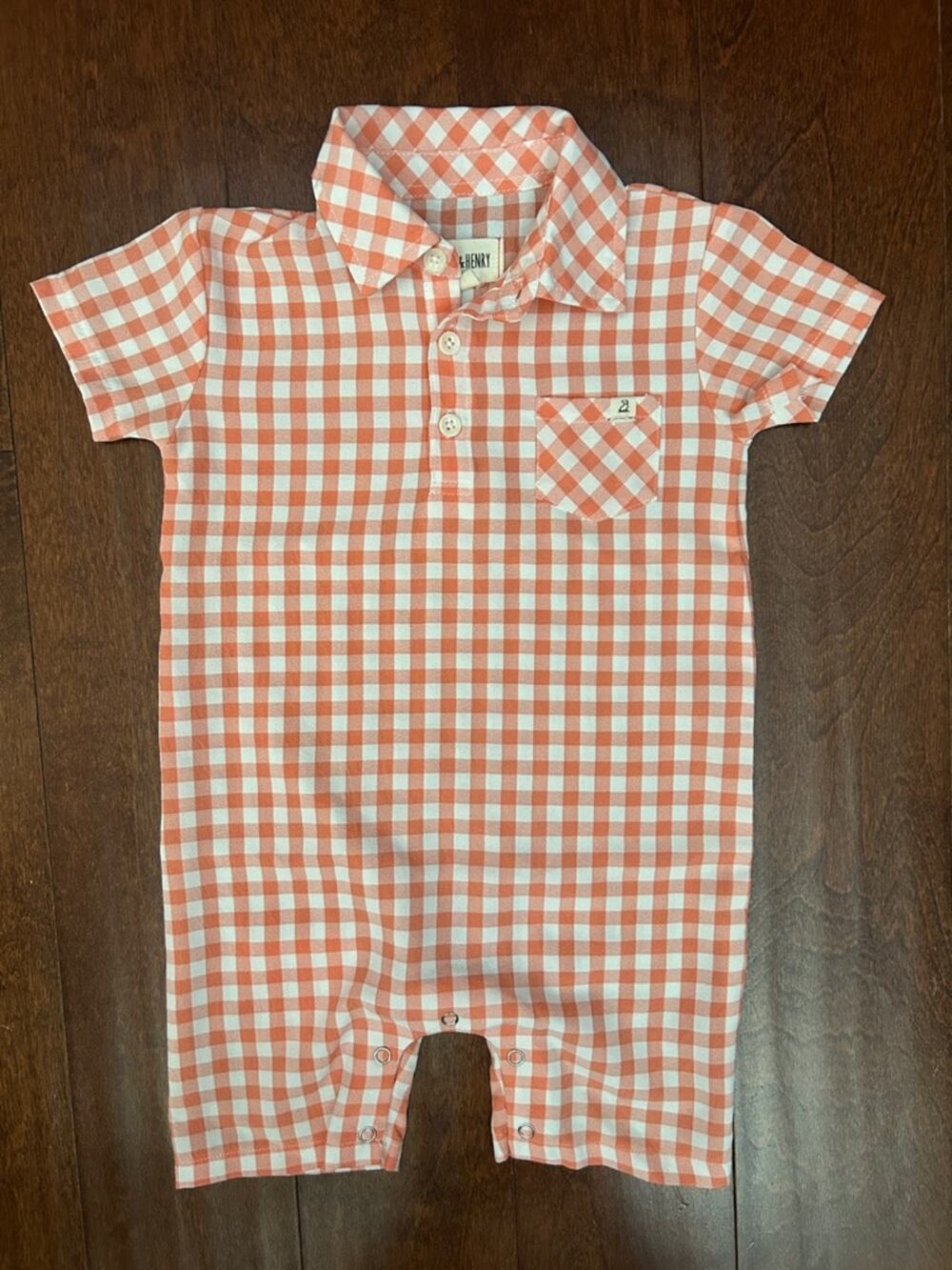 Me & Henry Orange Gingham Short Sleeve Baby Romper, Size 18-24 Months
